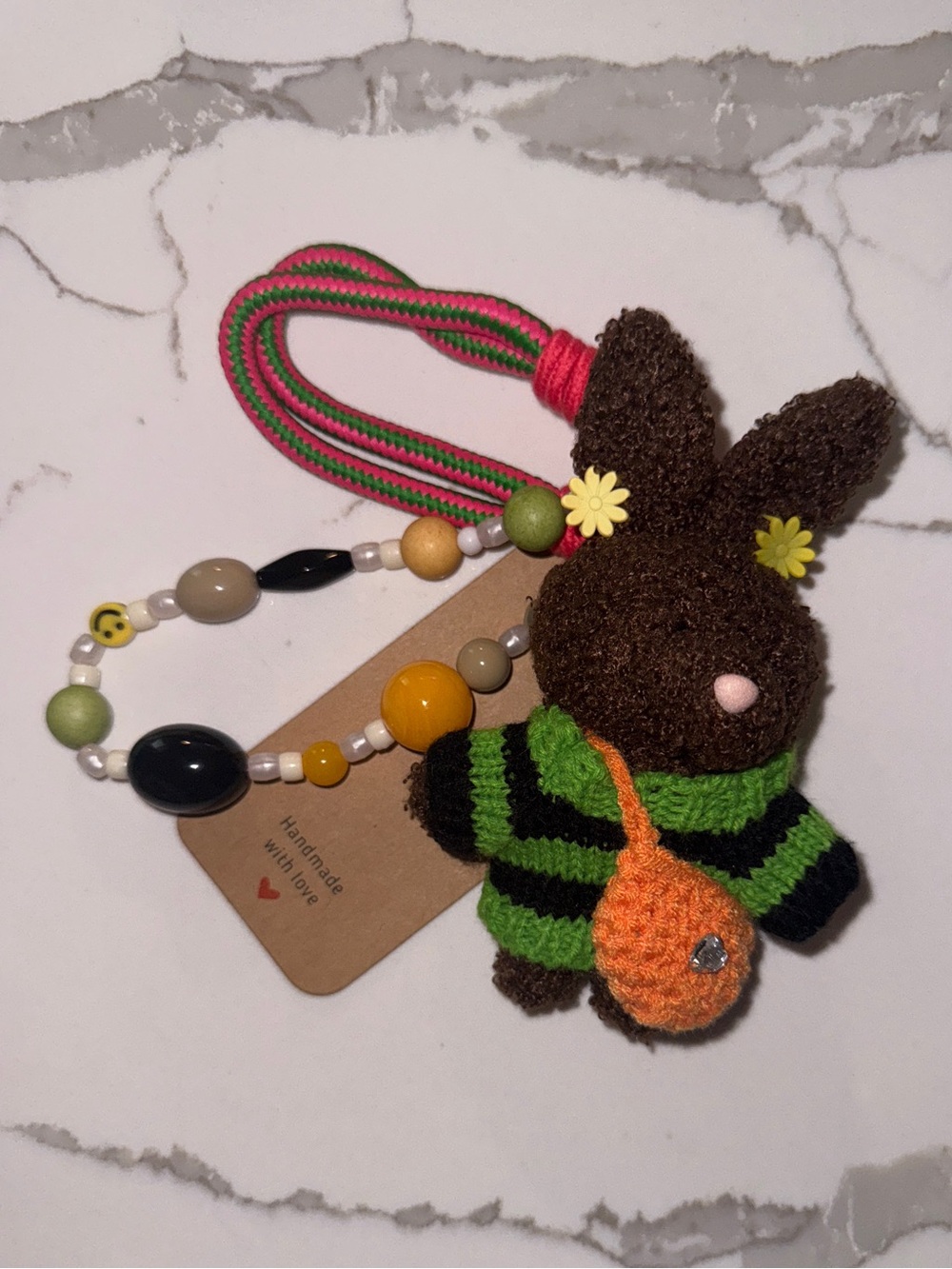 Handmade Plush Bunny Keychain with Beaded Strap - Brown, Green, Orange - Picture 4 of 4